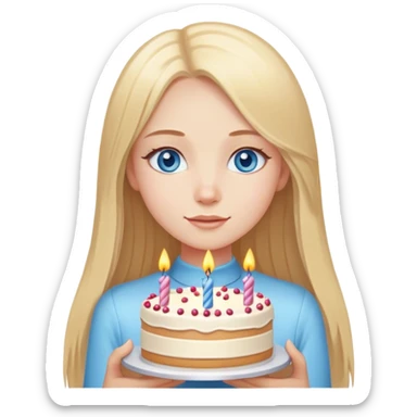 Straight long blonde hair blue eyes girl holding birthday cake sticker