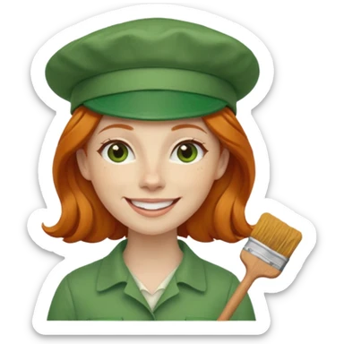 smiling ginger woman with a green painter's hat sticker