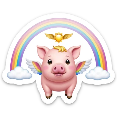 angelic pig with glowing halo flying over rainbow bridge sticker
