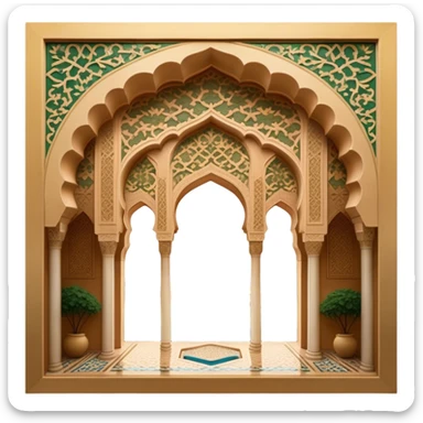 Alhambra – Cinematic Realistic Alhambra, depicted as a majestic Moorish palace with intricately carved arches, lush courtyards, and detailed tile work, bathed in soft golden light and dynamic shadows that highlight its opulent historical beauty. sticker