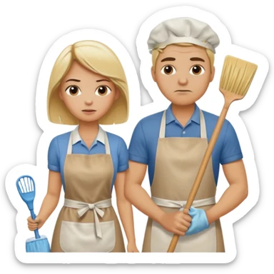 A blonde women slaving away cleaning a kitchen while her blonde husband scowls at her sticker