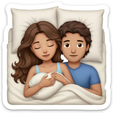 Man with dark brown wavy hair and woman with long light brown hair in bed cuddling and sleeping  sticker