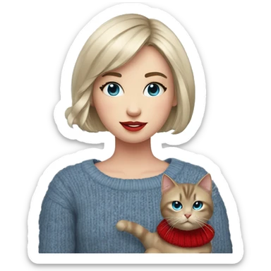girl with short hair and bangs with blue eyes, long eyelashes and red lipstick in a red cable knit sweater holding a grey cat sticker