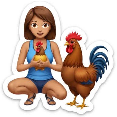 Kneeling Brown hair very large boob Woman open mouth tank top holding one rooster sticker