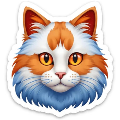 a big fluffy cat with long whiskers, brown ears and top of the head, red right eye, blue left eye sticker