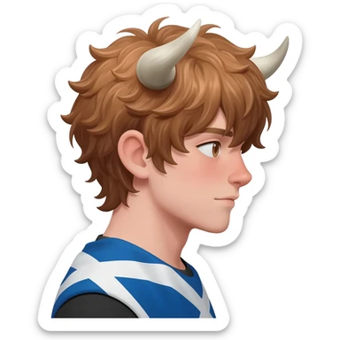 curly femboy without human ears with messy light brown bangs covering the eyes with bull horns and bull ears with scottish flag on his shoulders side view sticker