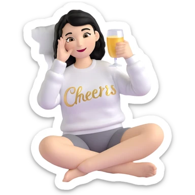 A woman with shoulder-length black hair, light to medium skin tone, full cheeks, and almond-shaped eyes, wearing a white sweater with the word 'cheers' in gold script, lying comfortably on a bed with soft lighting, joyful and radiant expression sticker