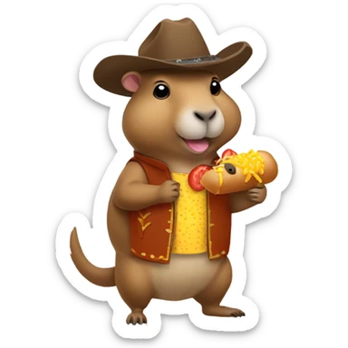 Asian capybara in a cowboy outfit that’s eating a sonic corn dog sticker