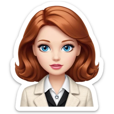 A Barbie girl with blue eyes, shoulder-length reddish-brown hair with makeup, wearing a white tweed jacket and a black skirt stands with chanel brand cream sticker