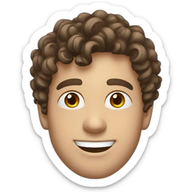Young european business man with brown curly hair, sidecut, smiling, blue suit sticker