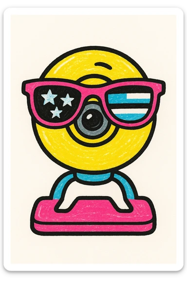 webcam camera with sunglasses and stars and stripes background, patriotic 4th of July celebration, colorful and vibrant style sticker