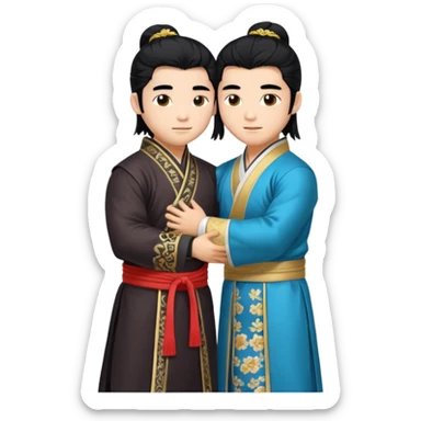 two muscled asian guys hugging in hanfu clothes, long hair sticker