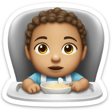 Baby eating porridge in high chair with brown hair, eyes and mixed race Jamaican  sticker