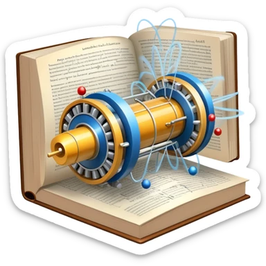 An icon featuring a physics textbook, a large Hadron Collider with particles flying off, symbolizing the study of physics. The design includes atomic models, energy waves, and scientific formulas, representing fundamental physical principles and research. Transparent background. sticker