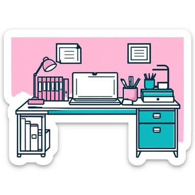 pink office desk with supplies sticker