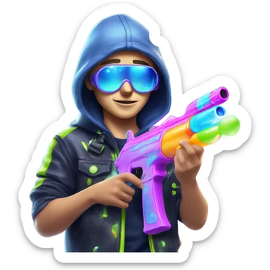 Caucasian boy in glowing rave outfit with mask, sunglasses, and headgear, shooting bubbles out of a water gun sticker