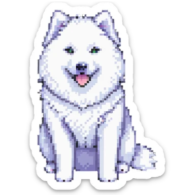A pixel art Samoyed dog, sitting, facing forward, white fur, black eyes, smiling, simple background. sticker