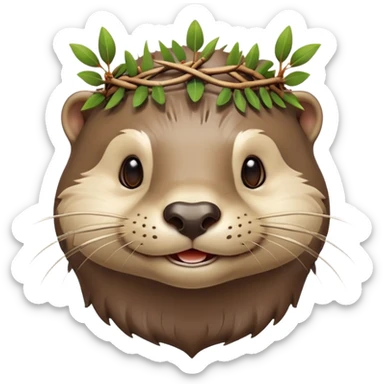 anthropomorphic smiling otter face in three-quarter profile view with simple thorny stem wrapped horizontally around its forehead like Jesus Christ's Crown of thorns, more human-like features, expressive eyes, human-like expressions, Apple emoji style, glossy finish sticker