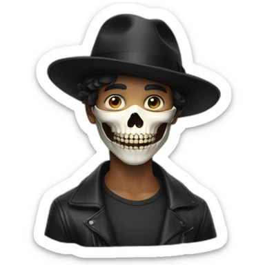 young age man wearing half skull mask (opening at mouth) with a black fedora hat sticker