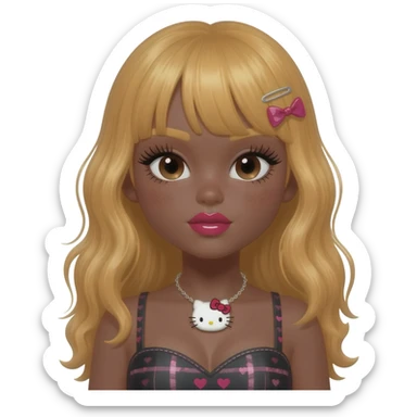 heart shaped lips, cute glossy lips, doll eyes with long lashes, dark brown skin, honey blonde hair, big chest, hello kitty necklace, one bow clip, bimbocore outfit sticker