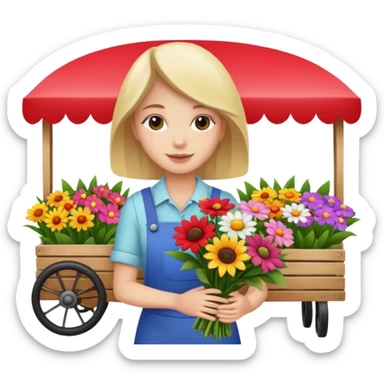 Shopper with flower bouquet,Farmers’ Market, background Flowers cart, market. sticker