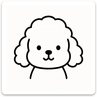 minimalist kawaii line art of a poodle-like dog head with a large, round, fluffy head, puffy curly ears hanging down, very simple face with two dot eyes, tiny round nose, upside-down 'Y' mouth. thick, bold, clean black lines on white, symmetrical, calm and sweet expression. no color or shading, just black linework. slightly hand-drawn but polished, child-friendly. sticker