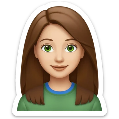 Adult woman avatar, light skin tone, oval face, straight long brown hair, green eyes, neutral mouth, casual  sticker