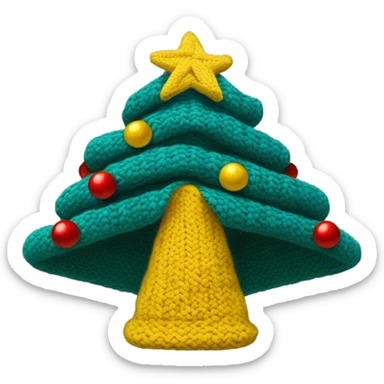A knit hat like a Christmas tree，The bottom is wide enough for people to wear and has a yellow pentacle on top. The hat is divided into three parts horizontally by blue thread, and the whole hat has several small red, yellow and white wool balls. sticker
