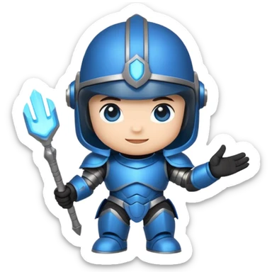 "Cute chibi-style armored hero sticker, oversized helmet, small body, glowing blue eyes, friendly waving pose, bold outlines, saturated colors, isolated on a plain white background, 2D cartoon style." sticker