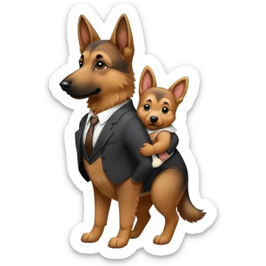 A German Shepard wearing suit with a baby on its back sticker