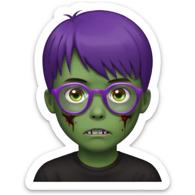 Menino zumbi com cabelo castanho escuro com franja japonesa, olhos castanhos, camisa preta larga, pele verde e óculos lilás sticker