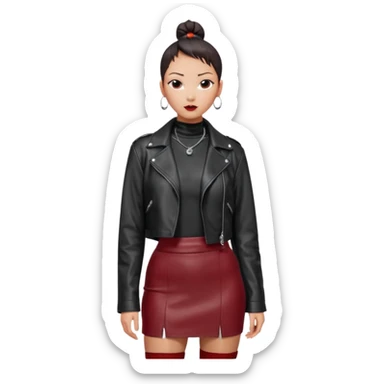 Full-body shot of an East Asian woman with a low sleek bun. Oversized black leather jacket that reaches the hips, black turtleneck, silver orb necklace. Red leather mini skirt, burgundy tights, and red long boots. Clean, fashion-editorial look. sticker