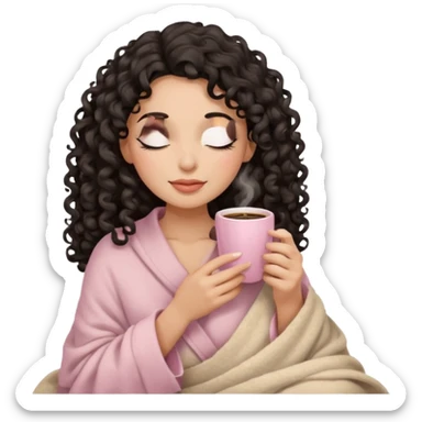 woman with medium tone, black long 3b curls, closed eyes, feminine face, holding soft pink coffee cup with beige blanket over shoulders sticker
