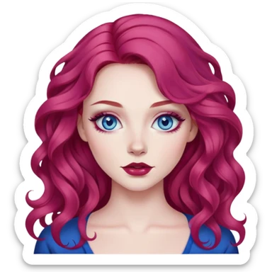 pretty baddie, dark pink/red wavy hair, pale skin, long hair, blue eyes, makeup sticker