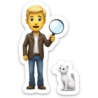 man standing, holding a magnifying glass, looking for cats on the street, no background sticker