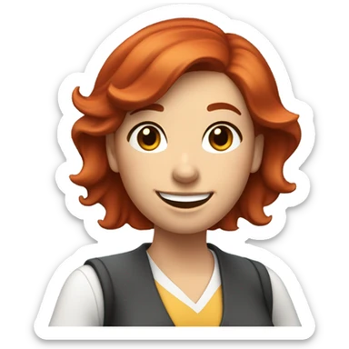 happy science school teacher: a female school teacher, with red hair and dark brown eyes, smiling with her hand waving to say hello to students. the image is from torso up. sticker
