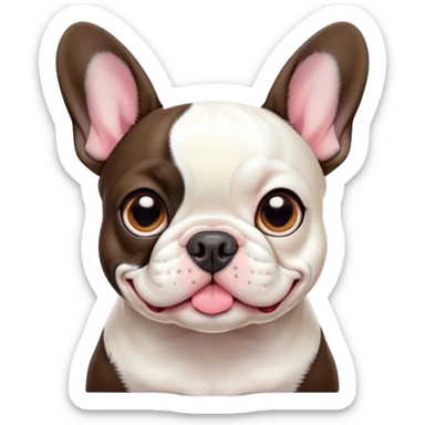 Cinematic Cute Pied French Bulldog Portrait Emoji, Head tilted with a sweet, mischievous grin and large, inviting eyes, featuring a unique pied fur of contrasting colors, simplified yet irresistibly endearing, highly detailed, glowing with a warm, playful radiance, high shine, exuding a quirky charm and affectionate personality, styled with a soft, lighthearted outline, capturing the essence of a cute Pied French Bulldog that looks ready to charm its way into your heart! sticker