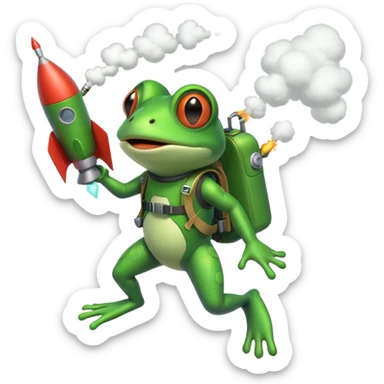 cute frog flying with a rocket pack, funny expression, rocket smoke trail, 3D cartoon, mobile game icon style, clean background, no text, no watermark sticker
