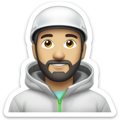 A young Turkish electrical engineer with a light black beard, a white helmet and a phosphorescent protection jacket sticker