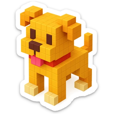 <SystemPrompt>
                <Style>
                  <Name>Voxel Emoji Art</Name>
                  <Description>A playful, isometric voxel style that mimics pixel art in 3D, commonly used for emojis, UI icons, and symbols. Rendered with bright, vibrant colors and no shadows.</Description>
                  <VisualRules>
                    <Geometry>
                      <BaseUnit>Cube</BaseUnit>
                      <GridAlignment>Isometric</GridAlignment>
                      <VoxelSize>Consistent</VoxelSize>
                    </Geometry>
                    <Color>
                      <Palette>Vivid and High Saturation</Palette>
                      <Gradient>Allowed on faces for subtle lighting</Gradient>
                    </Color>
                    <Lighting>
                      <Style>Soft studio lighting</Style>
                      <Shadows>Subtle ambient shadows</Shadows>
                    </Lighting>
                    <Detailing>
                      <Outline>None</Outline>
                      <Texture>Flat color (no texture noise)</Texture>
                      <Effects>None</Effects>
                    </Detailing>
                  </VisualRules>
                </Style>
                <Generation>
                  <PromptTemplate>
                    <![CDATA[
                      Render a voxel-style 3D illustration of a {subject}, using bright colors and blocky pixelated geometry. The object should appear playful and clean, similar to emoji aesthetics, with no shadows and no outlines. Lighting should enhance the 3D depth without harsh contrast.
                    ]]>
                  </PromptTemplate>
                </Generation>
              </SystemPrompt>
              {subject} = dog sticker