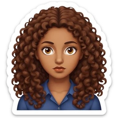 "- Nữ
- 30 tuổi
- Da nâu
- Tóc xoăn nâu, dài 
- Mặt nghiêm túc
" sticker