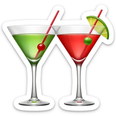 two realistic glasses of cocktail in emoji style, one is red color and one is green, martini glass shape, no straw, no fruit, no ice sticker