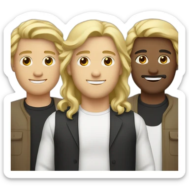 three men: one white with blond hair, another white with brown hair, one middle eastern with black hair sticker