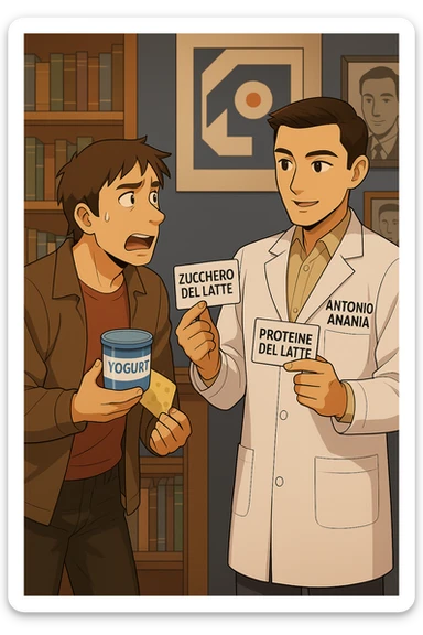 fai un webtoon manga a colori con questo stile, in cui un uomo fa una domanda al kinesiologo con il camice bianco (fagli anche la scritta "ANTONIO ANANIA" SUL CAMICE, l'uomo chiede una cosa mostrando un formaggio e uno yogurt al kinesiologo con il camice, IL KINESIOLOGO annuisce e SPIEGA ALL'UOMO UNA cos. L'UOMO ha un ESPRESSIONE CONFUSA IN VOLTO. non fare i fumetti però, fai solo in modo che sembri stiano parlando sticker