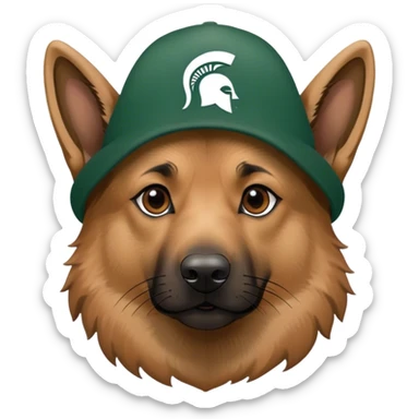 German shepherd wearing a Michigan state spartan hat sticker