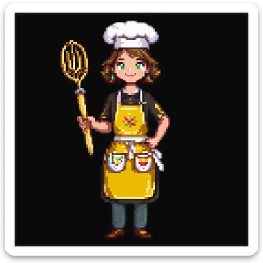 Portrait of a proud baker with a golden apron and embroidered details, holding a polished whisk, skeuomorphism style sticker