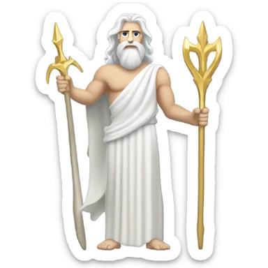white man Poseidon with gold trident. long white hair white dress. driver sticker