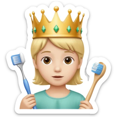Creat an emoji for child with wearing crown holding toothbrush sticker