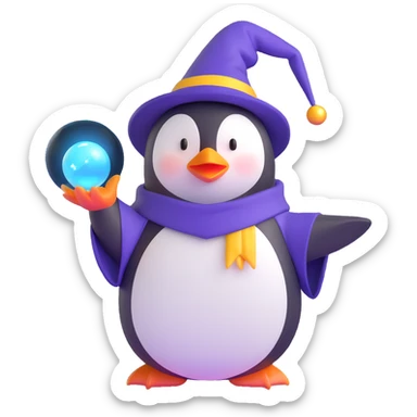 3D emoji style penguin wizard with a glowing orb and wizard hat sticker