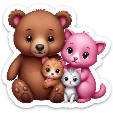 A cute realistic brown bear and a realistic cute pink dodo closely together. Between them there is a cute brown kitten sticker